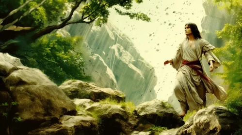 Jesus Christ in Chinese Brushwork Style Amidst Ancient Ruins