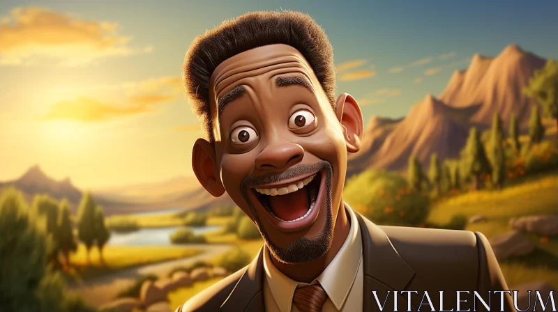 Laughing Will Smith in Cartoon Style Amidst Realistic Landscapes AI Image