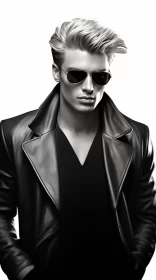 Monochrome Fashion Illustration of Male Model in Leather Jacket