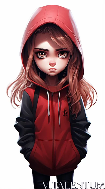 Anime Girl in Red Hoodie: Merging Cartoon Realism with Manga Inspiration AI Image