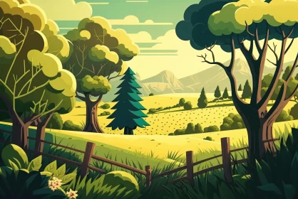 Bold Cartoon Style Rural Landscape - Detailed Nature Illustration AI Image