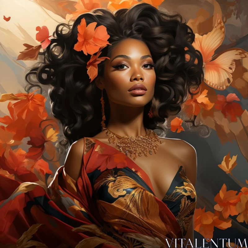 Enchanting Portrait of a Woman with Autumn Leaves and Birds AI Image