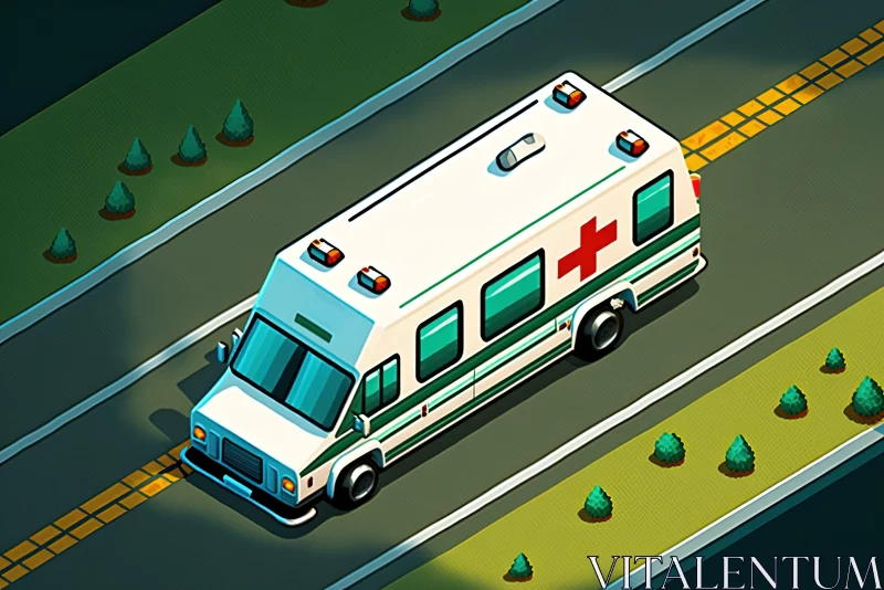 AI ART Isometric View of Ambulance on Road in 2D Game Art Style