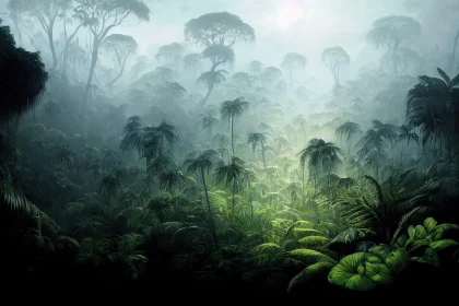 Monochromatic Illustration of a Lush Tropical Forest