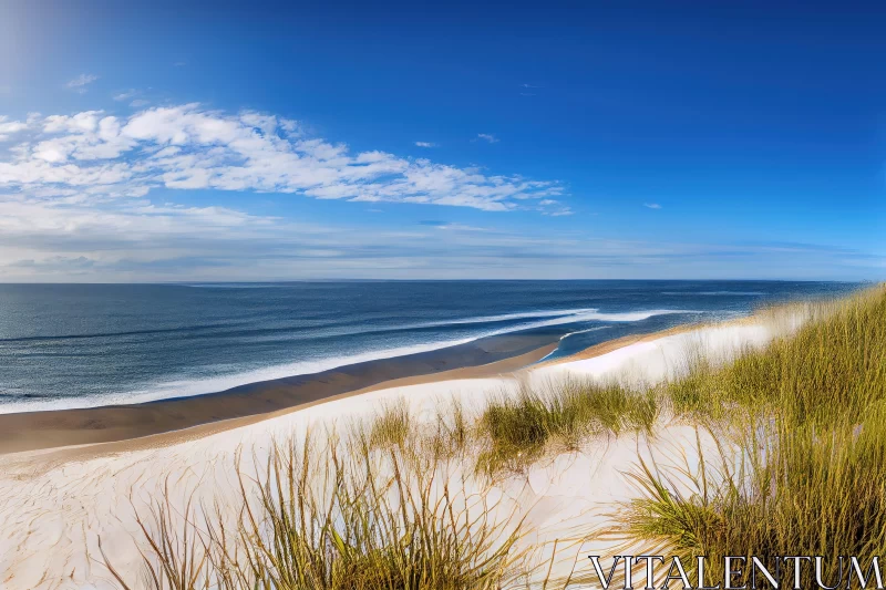 Serene Beach Scene with Sand Dunes and Ocean AI Image