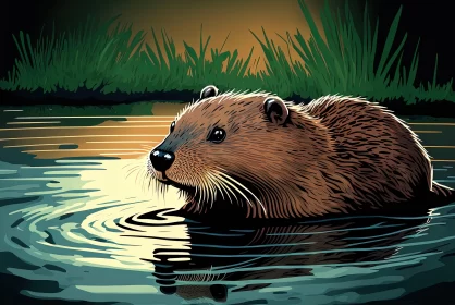 Illustrated Beaver in Water: Mid-Century Prairiecore Art