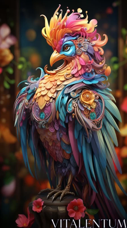 Imaginary Bird with Colorful Feathers on Flowers AI Image