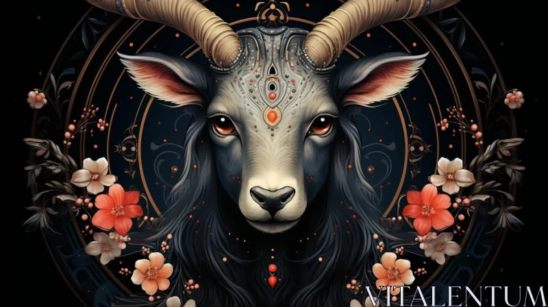 Intricate Floral Goat Head Art Print - Darkly Detailed Symmetry AI Image