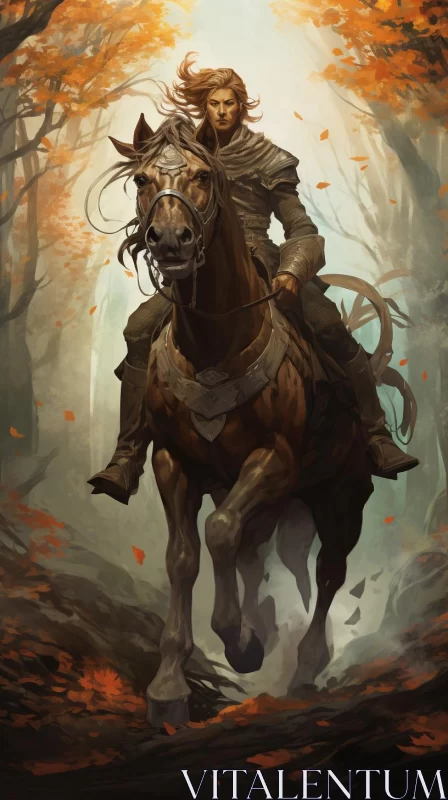 Mystical Forest Ride: A Woman, Her Horse, and the Autumn Bronze AI Image
