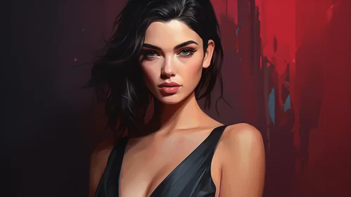 Captivating Woman in Black Dress with Red Lips - Bold Character Design AI Image