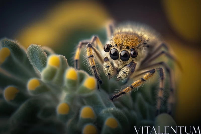 Close-Up Spider on Yellow Plant: A Study in Photorealistic Nature AI Image