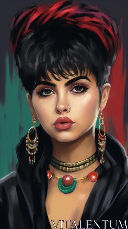 Egyptian Art Inspired Digital Painting: Girl in Emerald and Red AI Image