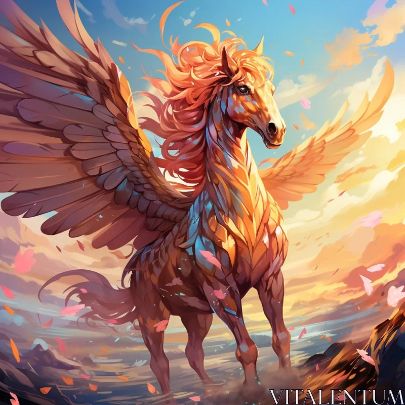 Winged Horse at Sunset - An Anime-Influenced Fantasy Artwork AI Image