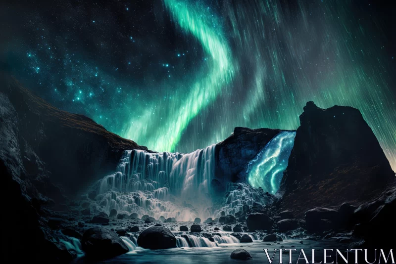 Aurora Bore Over Waterfall: A Night Time Wonder AI Image