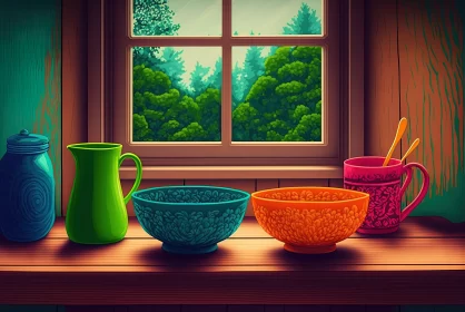 Colorful, Detailed Cartoon Illustration of Cozy Cabin Interior Scene AI Image