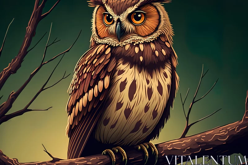 Earthy Colored Owl Illustration on a Branch AI Image