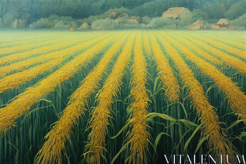Photorealistic Painting of a Yellow Rice Field AI Image