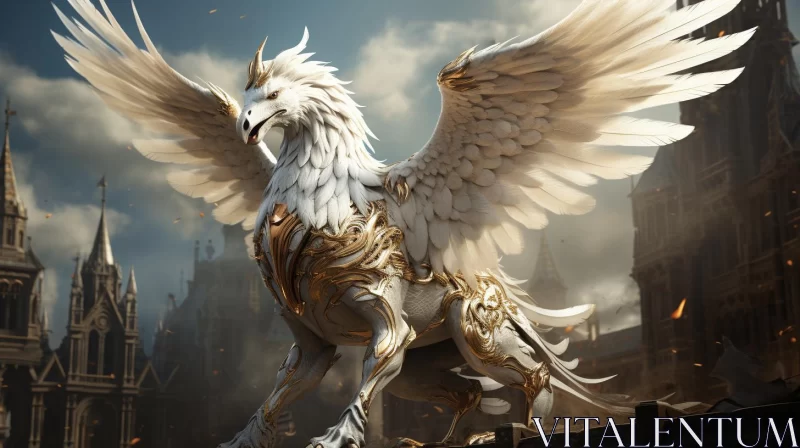 White and Gold Phoenix in a City Setting AI Image