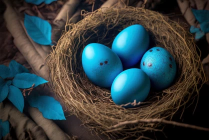 Easter Still Life: Blue Eggs in Rustic Nest AI Image