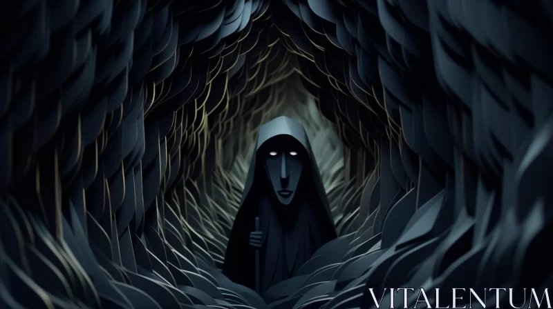Mysterious Figure in Dark Tunnel: A Somber Symbolic Artwork AI Image