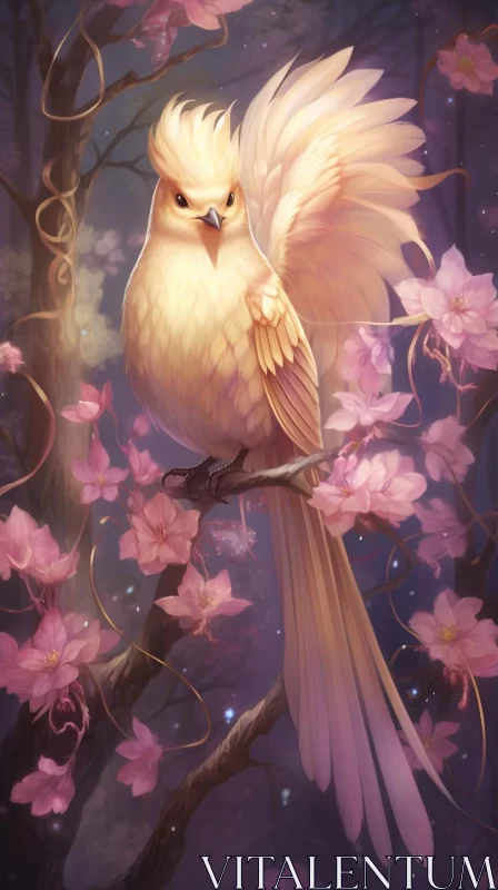 White Bird amidst Cherry Blossoms: Anime-Inspired Fantasy Artwork AI Image