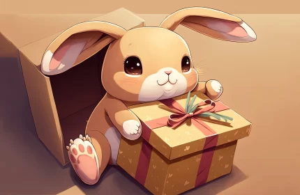 Anime-Inspired Cute Rabbit Opening a Gift Box - Wallpaper