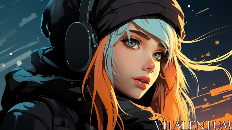 Anime-Inspired Illustration of Girl in Earphones AI Image
