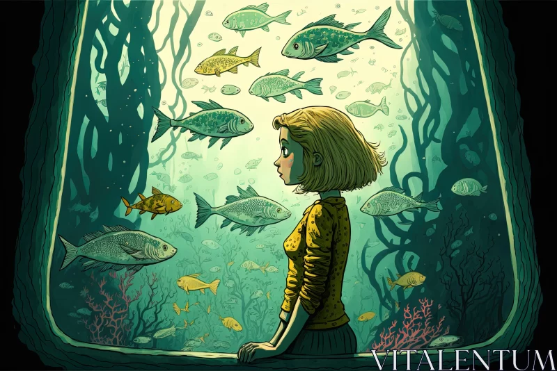Girl Gazing at Aquarium Fish - An Atmospheric Oceanic Academia AI Image