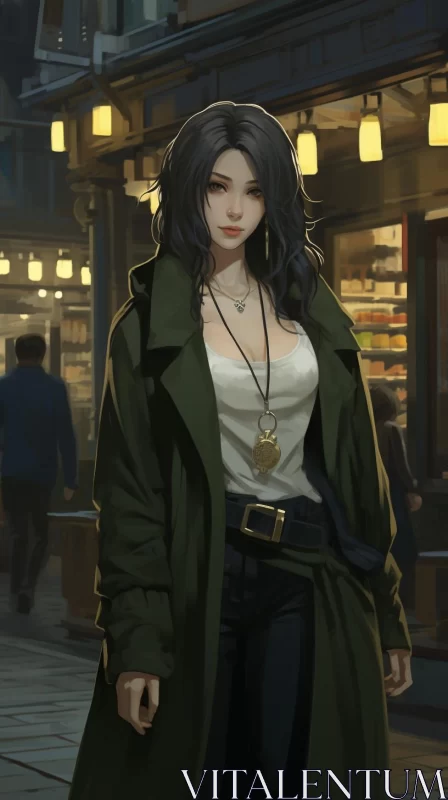 Unveiled Girl in Trench Coat Amidst Urban Life AI Image