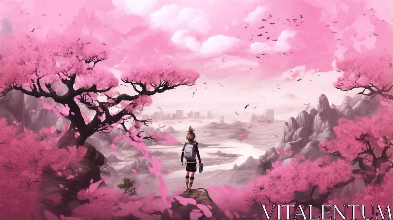 Anime Character in Cherry Blossom Landscape AI Image