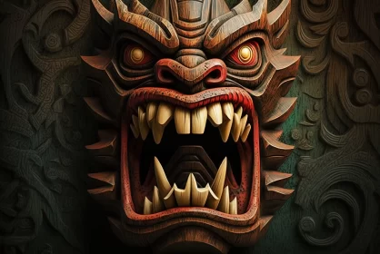 Asian-Inspired Wooden Dragon Mask - Bold Graphic Illustration