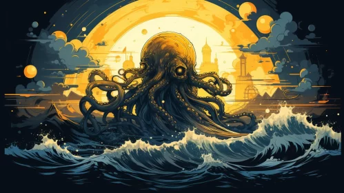 Golden Lit Octopus in Waves - Post-Apocalyptic Art AI Image