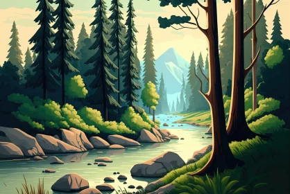 Serene Woodland Scene Painting with River in Cartoon Style