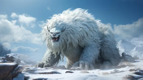 White Snow Yeti Monster in Norwegian Winter Landscape AI Image