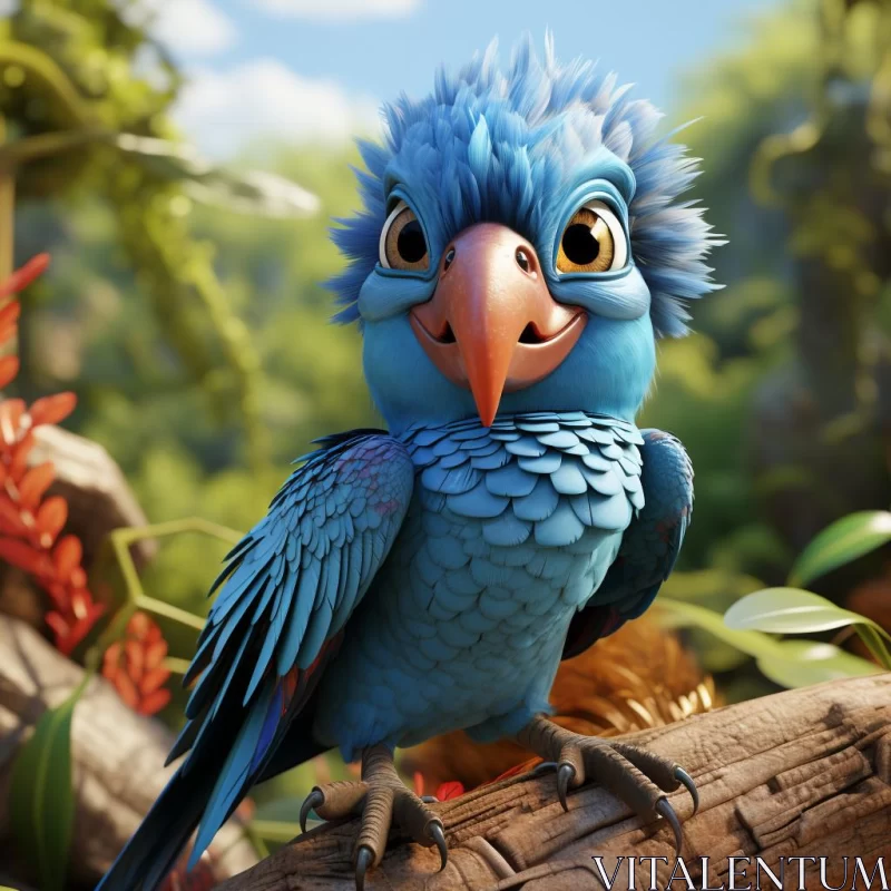 Animated Blue Parrot in a Lush Tropical Forest AI Image