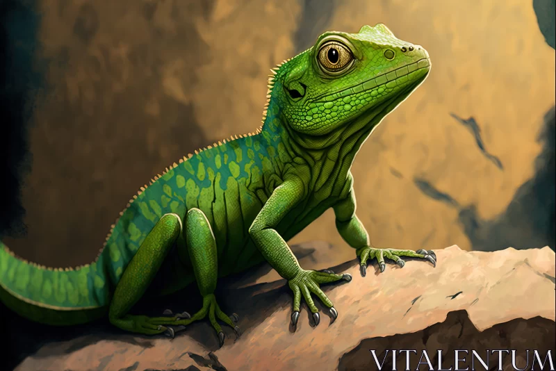 Green Lizard on Rock: A Study in Digital Precisionist Art AI Image