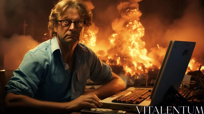 Man with Laptop Amidst Flames: A Satirical Commentary AI Image