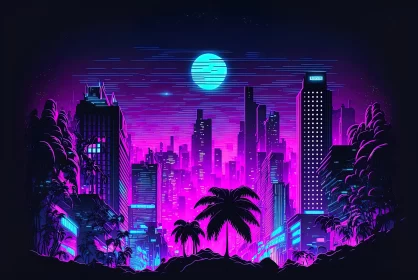 Neon City Nights: Palm Trees and Tropical Landscapes AI Image
