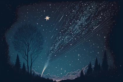 Starlit Night with Trees and Comet: A Nostalgic Illustration AI Image