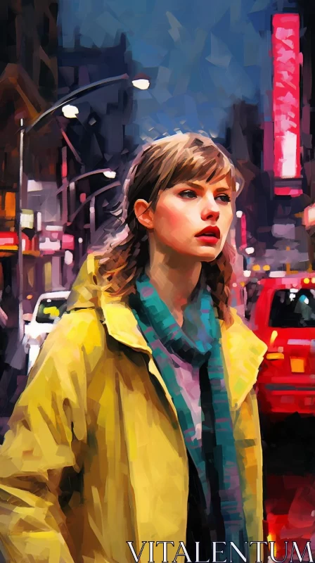 Intense Gaze: Woman in Yellow Coat on Street Corner AI Image
