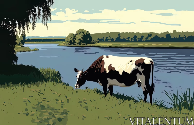 Pastoral Serenity: Cow Grazing by the Water AI Image