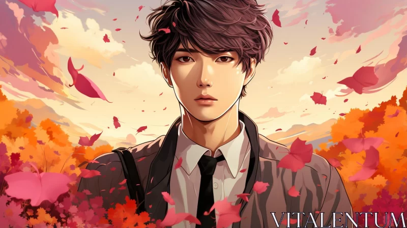 Anime Portrait: Man Amidst a Shower of Roses AI Image