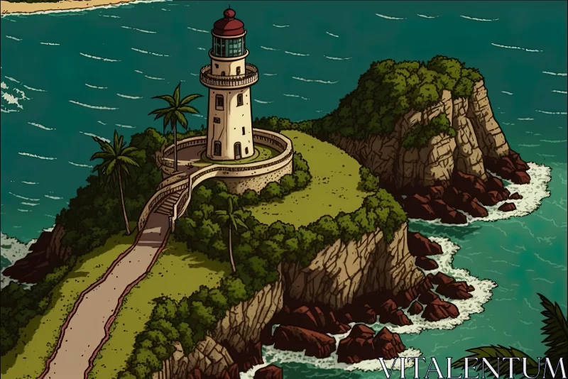 Lighthouse on a Mountain in a Tropical Island AI Image