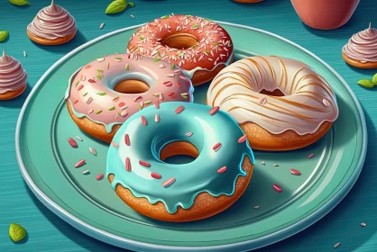 Colorful Doughnuts on Blue Plate in 2D Game Art Style