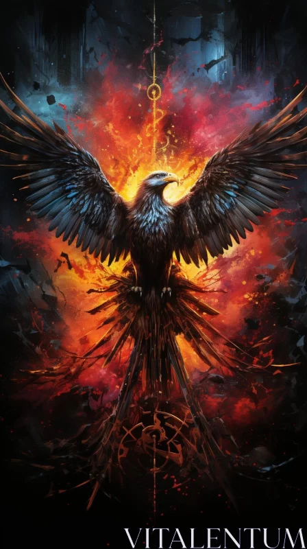 Golden Raven Amidst Fire and Stars: An Iconic Illustration AI Image