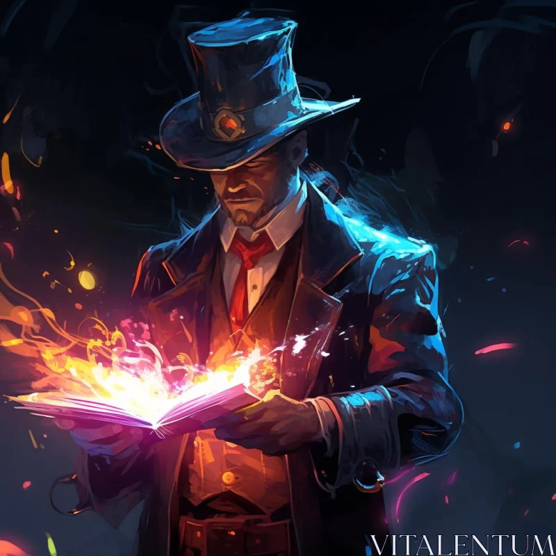 Intriguing Portrait of a Magician Engrossed in a Flame-Bursting Book AI Image