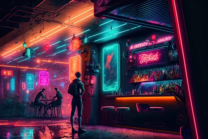 Neon Nights: Cyberpunk Bar Scene Artwork AI Image