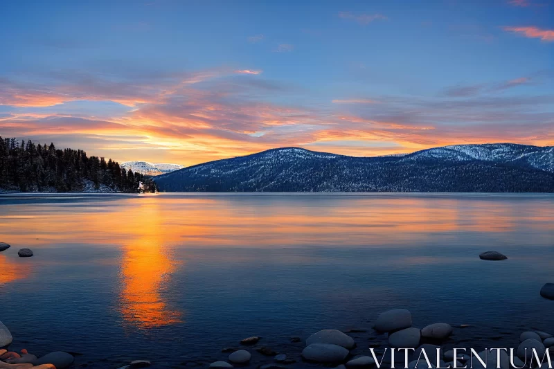 Sunset at Lake Tahoe: Panoramic Landscape with Cold Atmosphere AI Image