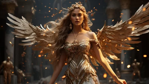 Golden Winged Girl Under Fire - A Grandiose Princesscore Scene AI Image