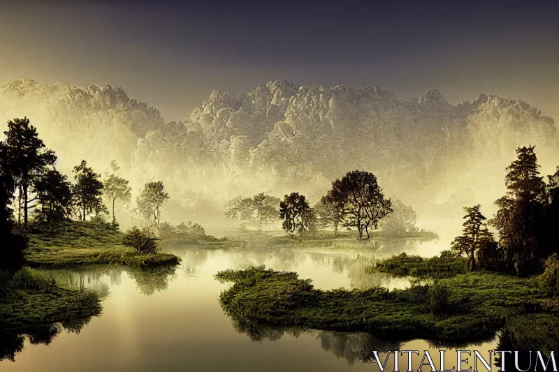 Serene Dawn Landscape - Lake and Forest AI Image